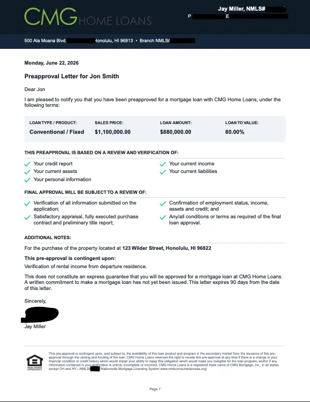 A pre-approval letter generated on the LO's letterhead